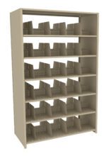 A beige metal shelving unit with six shelves, each divided into sections by vertical metal dividers. The unit is empty and freestanding.