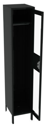 A tall, black metal locker with an open glass-panel door, revealing a single interior hanging rod. The locker stands on four short legs, displaying a minimalist design.