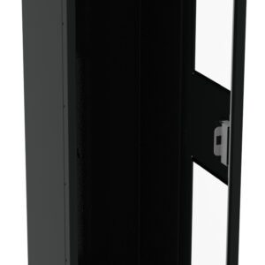 A tall, black metal locker with an open glass-panel door, revealing a single interior hanging rod. The locker stands on four short legs, displaying a minimalist design.
