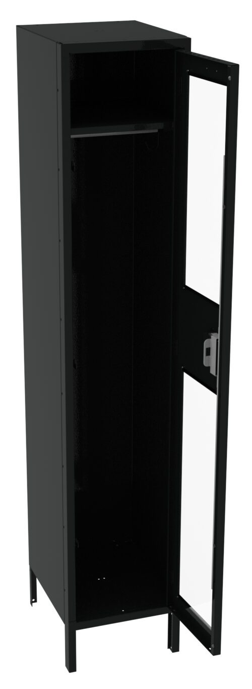 A tall, black metal locker with an open glass-panel door, revealing a single interior hanging rod. The locker stands on four short legs, displaying a minimalist design.