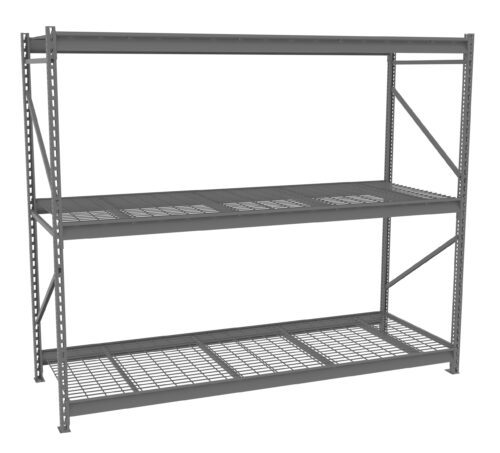 A large, empty, industrial-style metal shelving unit with three wire-mesh shelves. It is gray and features a sturdy frame with cross-bracing for support, suitable for storage in a warehouse or garage.