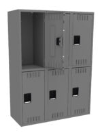 A gray metal locker unit with six compartments, resembling parcel lockers, features three on top and three on the bottom. The top middle compartment’s door is open, revealing an empty space inside. Each door boasts a black handle and ventilation slits.