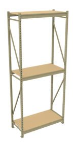 A beige, three-tier metal shelving unit with a simple, open design. Each shelf is made of particle board, supported by sturdy metal frames and crossbars for stability, suitable for storage or display purposes.