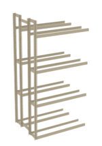 Metal shelving unit with three vertical supports and multiple horizontal beams. The design is open and industrial, suitable for storing items in a garage or warehouse.