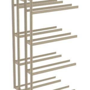 Metal shelving unit with three vertical supports and multiple horizontal beams. The design is open and industrial, suitable for storing items in a garage or warehouse.