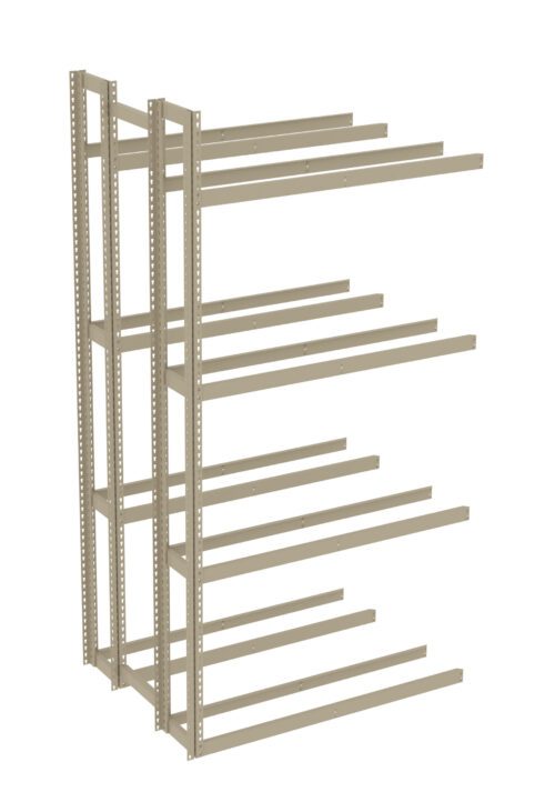 Metal shelving unit with three vertical supports and multiple horizontal beams. The design is open and industrial, suitable for storing items in a garage or warehouse.