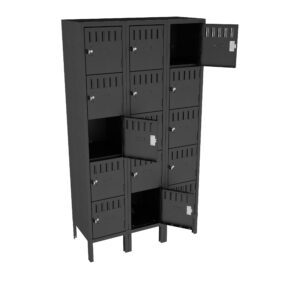 A black metal locker unit with three vertical rows. Each row has four lockers, making a total of twelve. Some locker doors are open, revealing empty compartments inside. The unit stands on legs.