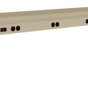 A beige metal power strip with eight black sockets and a red power switch, designed for mounting on a surface, featuring holes for screws on the side panels.