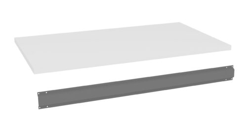 A white rectangular shelf is positioned above a long, narrow, dark gray metal bracket. The bracket has small holes at each end, suggesting points for wall mounting. Both items are against a white background.