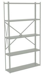 A tall, light gray metal shelving unit with five adjustable shelves. It has cross braces for support at the back and perforated side beams for adjustable shelving levels. The design appears industrial and sturdy, suitable for storage.
