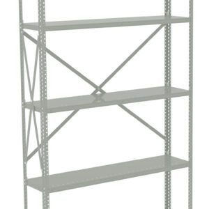 A tall, light gray metal shelving unit with five adjustable shelves. It has cross braces for support at the back and perforated side beams for adjustable shelving levels. The design appears industrial and sturdy, suitable for storage.