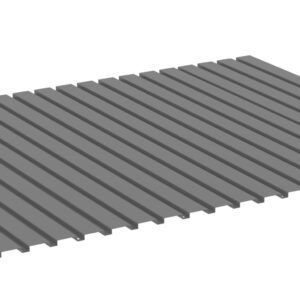 Illustration of a rectangular, dark gray metal grate with evenly spaced parallel slats. The slats have spaces in between, creating a striped pattern. The perspective shows the grate angled slightly upward.