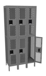 A set of six gray metal lockers with a lattice pattern. The top row has three closed compartments, and the bottom row has two closed and one open compartment, showing the interior space.
