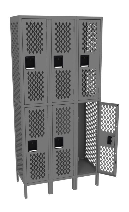 A set of six gray metal lockers with a lattice pattern. The top row has three closed compartments, and the bottom row has two closed and one open compartment, showing the interior space.