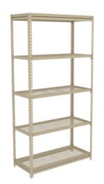 A beige metal shelving unit with five perforated shelves, featuring a sturdy frame and adjustable shelves suitable for storage and organization.