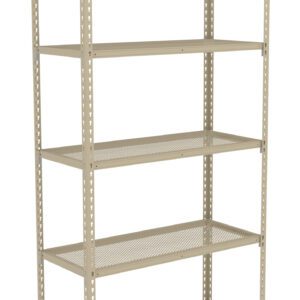 A beige metal shelving unit with five perforated shelves, featuring a sturdy frame and adjustable shelves suitable for storage and organization.