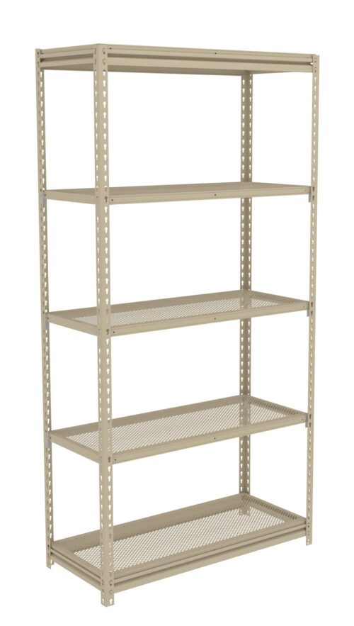 xerk0nysbdc1qjpbk4ps.jpg A beige metal shelving unit with five perforated shelves, featuring a sturdy frame and adjustable shelves suitable for storage and organization.