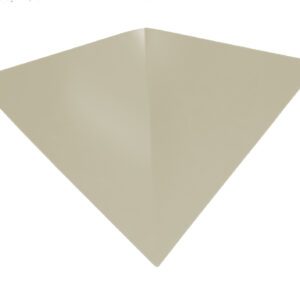 A minimalist image of a beige, triangular paper folded in half, forming a symmetrical, three-dimensional shape on a white background. The paper has a smooth texture, and the fold creates subtle shadows.