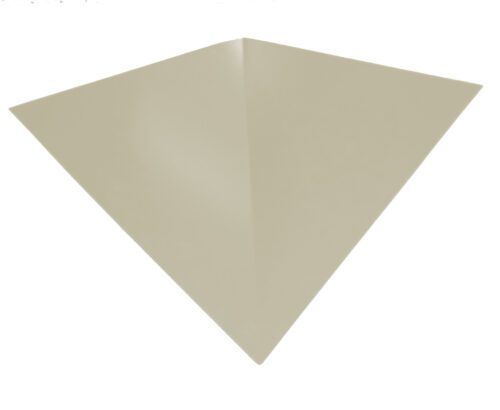 A minimalist image of a beige, triangular paper folded in half, forming a symmetrical, three-dimensional shape on a white background. The paper has a smooth texture, and the fold creates subtle shadows.