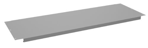 xezsqgoj1yi29flv15ud.jpg A gray, rectangular metal shelf with small holes at each corner for mounting. The design is simple and flat, suitable for storage or organizational purposes in a rack or cabinet system.