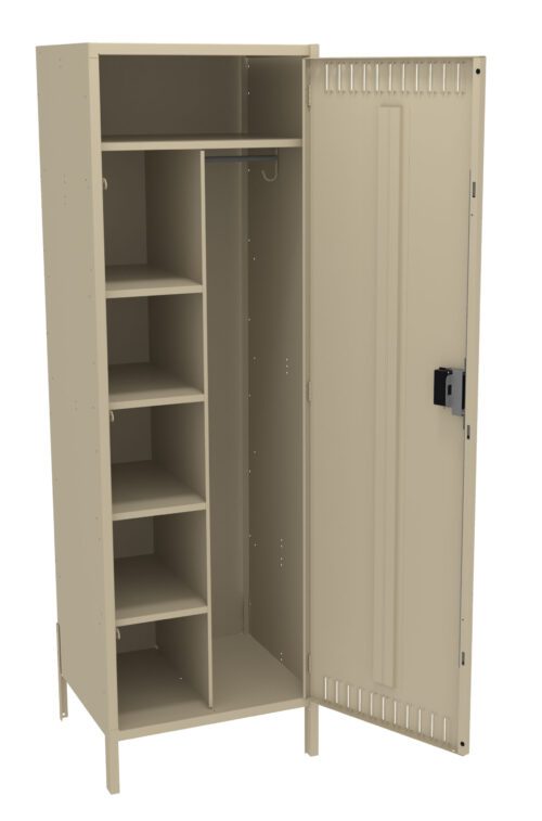 xf02wp6gxswnvuqtkfzd.jpg A beige metal locker standing open. It features multiple shelves on the left side, a hanging rod above a compartment on the right, and a door with ventilation slots and a black handle.