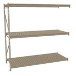 A metal, three-tiered shelving unit with evenly spaced shelves and perforated sides. The shelves are rectangular and the frame is sturdy, suited for storage or organizational purposes. The background is plain white.