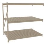 A beige, three-tiered metal shelving unit with evenly spaced horizontal slats on each level. The structure has vertical supports on the sides and appears designed for industrial or storage use.