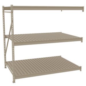 A beige, three-tiered metal shelving unit with evenly spaced horizontal slats on each level. The structure has vertical supports on the sides and appears designed for industrial or storage use.