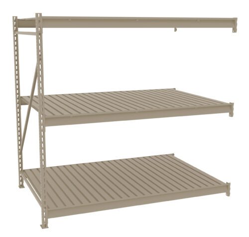 A beige, three-tiered metal shelving unit with evenly spaced horizontal slats on each level. The structure has vertical supports on the sides and appears designed for industrial or storage use.