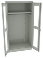 A metal cabinet with two open doors, revealing an empty interior. The cabinet has one adjustable shelf and a plain design, suitable for storage. The exterior and interior are both grey.