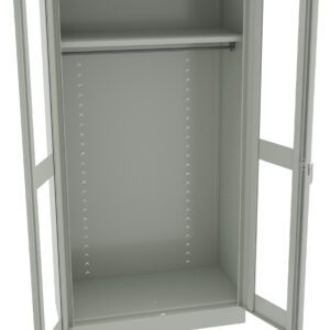 A metal cabinet with two open doors, revealing an empty interior. The cabinet has one adjustable shelf and a plain design, suitable for storage. The exterior and interior are both grey.