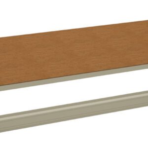 Components of an assembled shelf laid out: a rectangular wooden board, two long beige metal rails, and two shorter metal brackets.