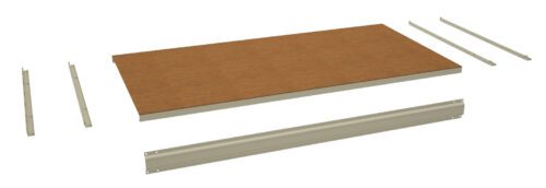 xfipufmyflinicrqklq9.jpg Components of an assembled shelf laid out: a rectangular wooden board, two long beige metal rails, and two shorter metal brackets.