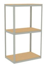 A three-tier metal shelving unit with a light gray frame and wooden shelves. The unit is standing against a white background.