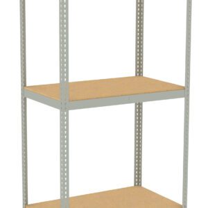 A three-tier metal shelving unit with a light gray frame and wooden shelves. The unit is standing against a white background.