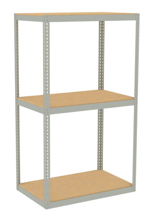 A three-tier metal shelving unit with a light gray frame and wooden shelves. The unit is standing against a white background.