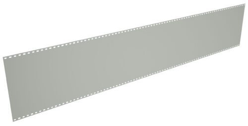A long, blank film strip with perforated edges on both sides, viewed from an angle. The strip is light gray and is slightly tilted, giving a sense of depth.