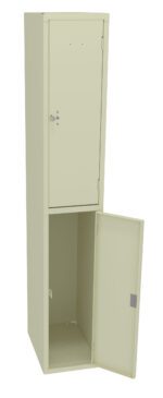 Tall beige metal locker with two compartments, each with a door. The upper compartment door is closed, while the lower compartment door is open, revealing an empty interior. The locker stands upright against a white background.