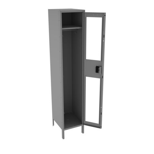 xg2tye0fnw9mmainuhwi.jpg A tall, gray metal locker stands with its door open, revealing an interior with one shelf at the top and an empty bottom space. The locker door features a glass panel and a locking mechanism. The structure is supported by four legs.