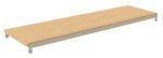 A long, rectangular wooden shelf with metal brackets on the sides, designed for wall mounting. The wood has a light, natural finish, and the metal brackets are painted beige.