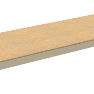 A long, rectangular wooden shelf with metal brackets on the sides, designed for wall mounting. The wood has a light, natural finish, and the metal brackets are painted beige.
