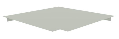 Illustration of a gray, flat square shape with cutouts in the lower corners, resembling a minimalist 3D tabletop design. The background is plain white.