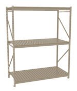 A beige metal shelving unit with three slatted shelves, suitable for storage. The unit is shown on a white background, highlighting its sturdy construction and simple design.