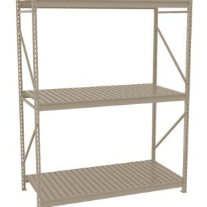 A beige metal shelving unit with three slatted shelves, suitable for storage. The unit is shown on a white background, highlighting its sturdy construction and simple design.