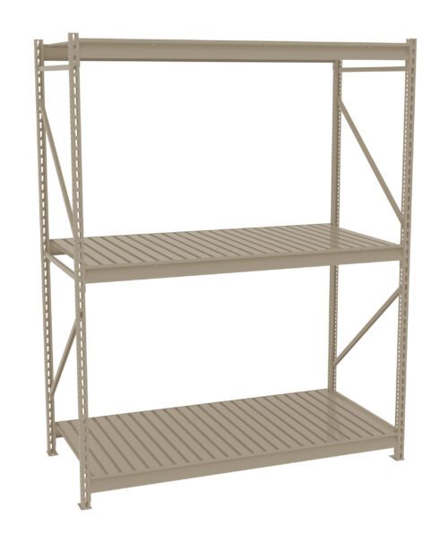 A beige metal shelving unit with three slatted shelves, suitable for storage. The unit is shown on a white background, highlighting its sturdy construction and simple design.
