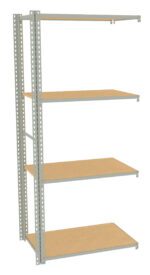 A metal shelving unit with four wooden shelves. The frame is gray with perforated sides, allowing for adjustable shelf heights. The design is simple and utilitarian, suitable for storage or organization in various spaces.