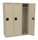 A beige metal locker unit with three compartments. The left two compartments are closed, while the right one is open, revealing a clothing rod and an empty lower section inside.