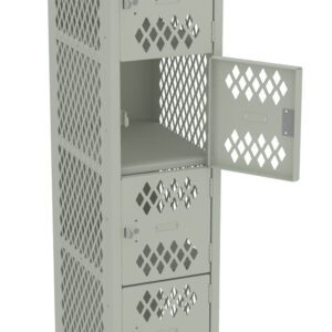 A tall, light gray metal locker with six compartments is shown. The locker features a lattice design on the doors, allowing visibility through the openings. The second door from the top is open, revealing an empty compartment.