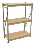 A beige metal shelving unit with three adjustable shelves, supported by vertical metal beams and cross-bracing for stability. The design is simple and utilitarian, suitable for storage in a garage or warehouse.