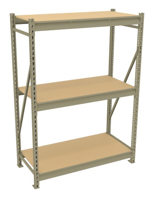 A beige metal shelving unit with three adjustable shelves, supported by vertical metal beams and cross-bracing for stability. The design is simple and utilitarian, suitable for storage in a garage or warehouse.